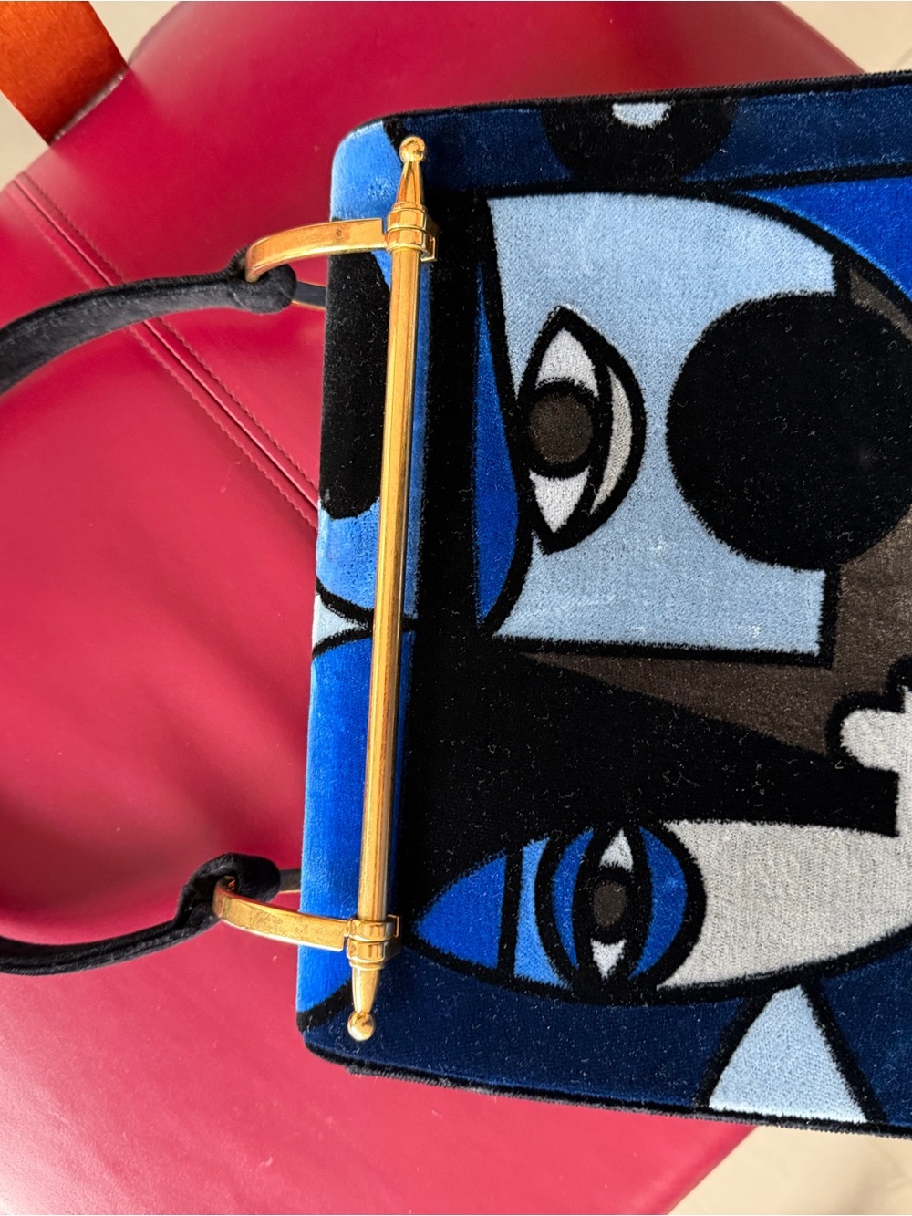 Prada Blue and Black Velvet Shoulder Bag with Abstract Face Motif - Picture 6 of 6